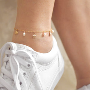 Beachy Charm Anklet - gold filled anklet, ankle bracelet, gold anklet, pearl anklet, shell anklet, seashell anklet, cute anklet |GFA00002