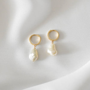 14K SOLID Gold Pearl Hoop Earrings