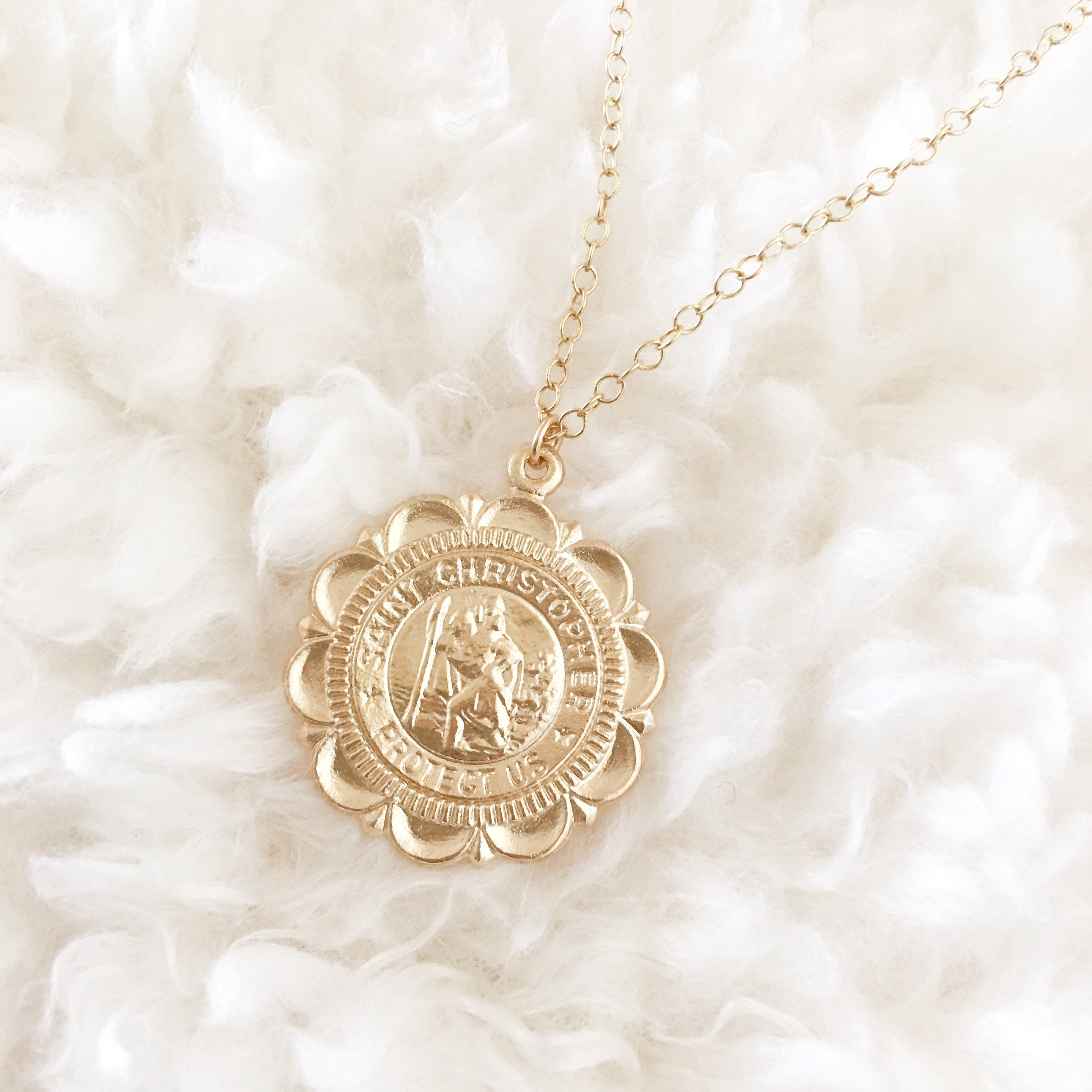 Large Coin Necklace - Gold Filled Coin Medallion, St Christopher Coin Pendant, Gold Coin Necklace, Gold Medallion Necklace |GFN00031