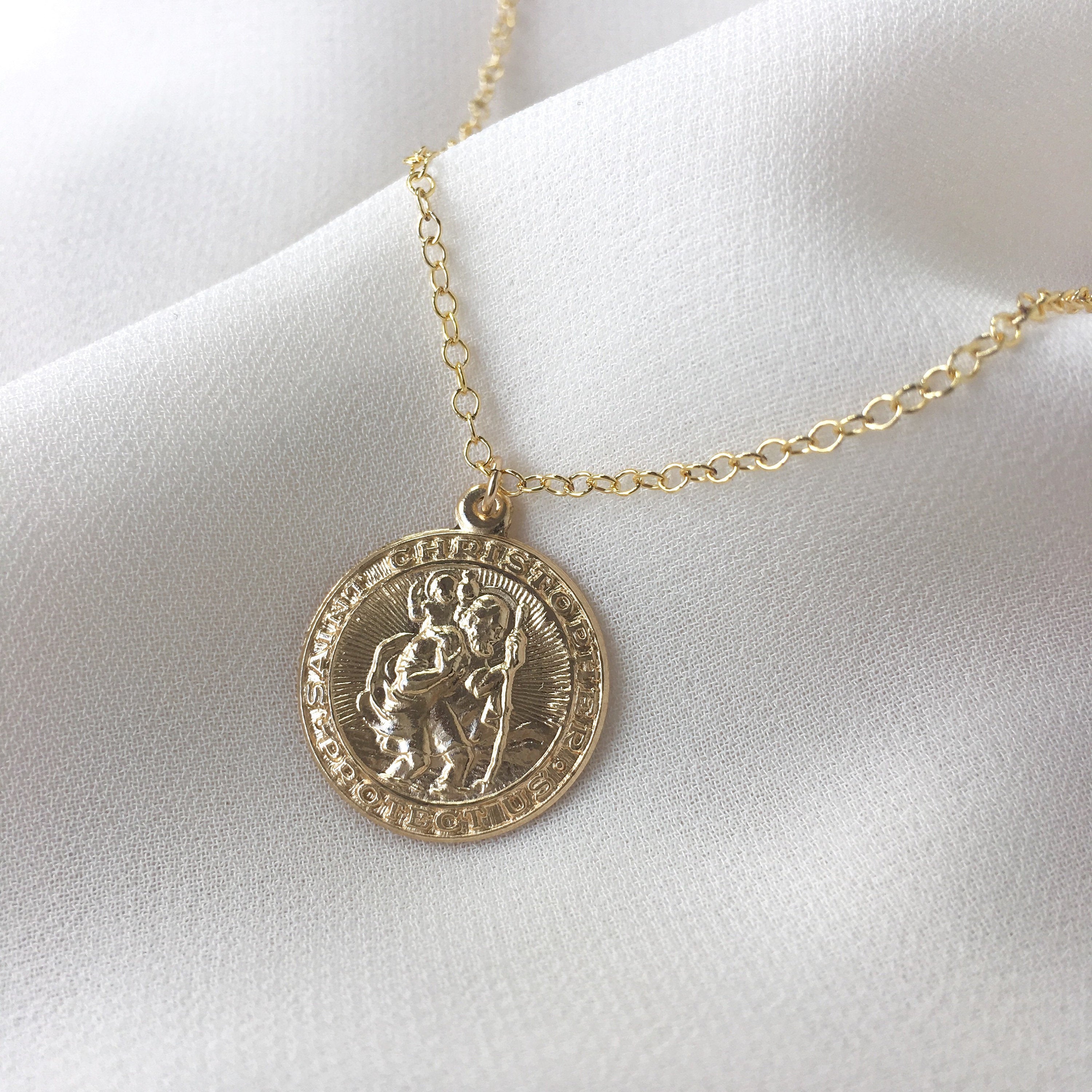 Coin Necklace - Gold Filled Coin Necklace, Gold Coin Pendant Necklace, St Christopher Pendant, St Christopher Necklace  |GFN00020
