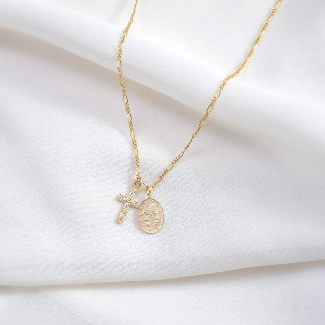 Mary & Cross Figaro Necklace