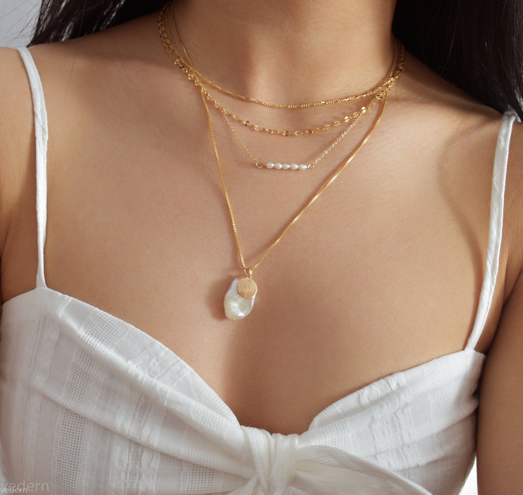 Pearl Compass Necklace - Gold Compass Necklace, Compass Necklace, Pearl Necklace, Single Pearl Necklace, Real Pearl Necklace |GFN00050