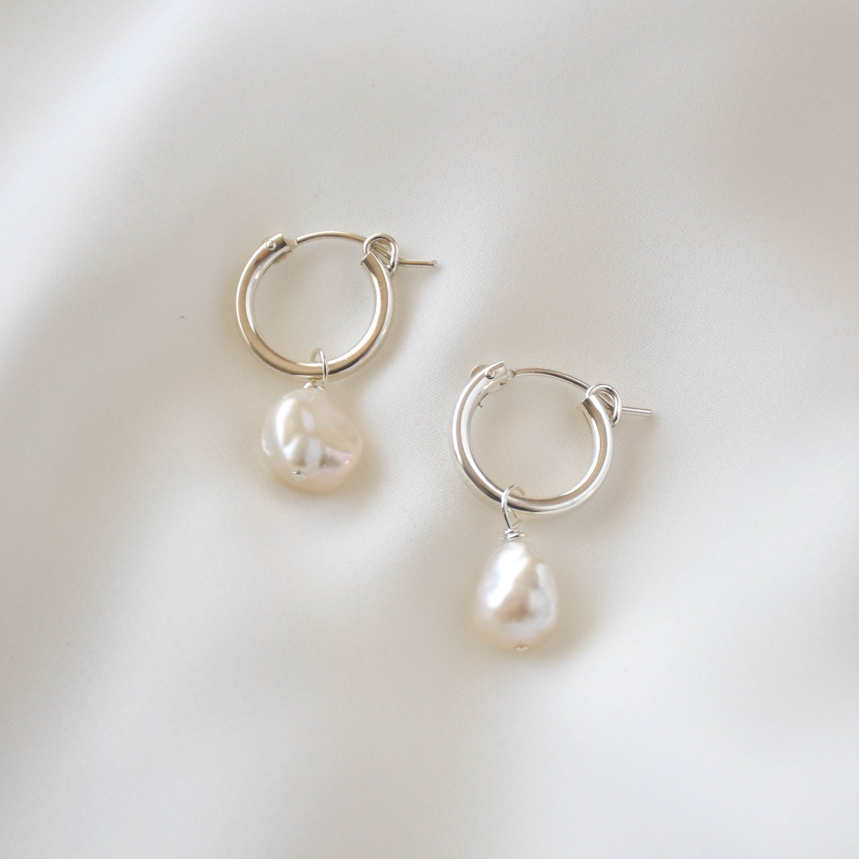 Pearl Silver Hoop Earrings - Silver Pearl Earrings, Pearl Hoop Earrings, Dainty Pearl Hoops, Small Hoop Earrings |SSE00000