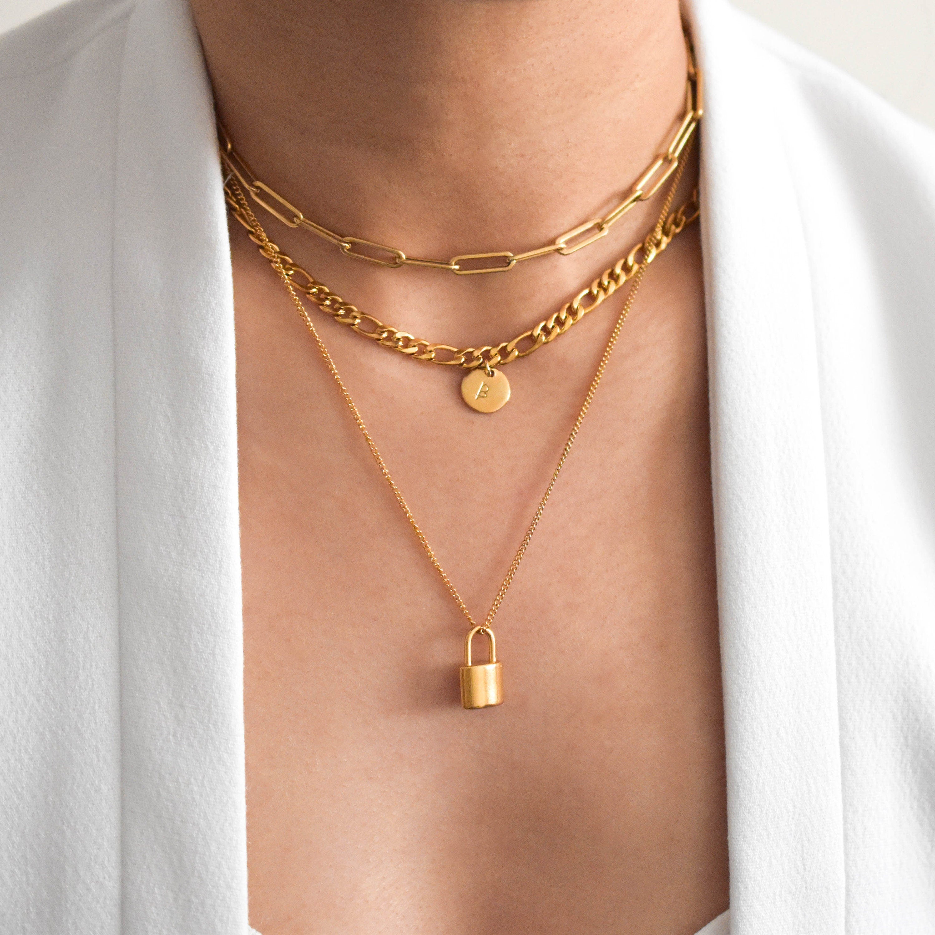 Simple Gold Chain + Lock Layered Necklace