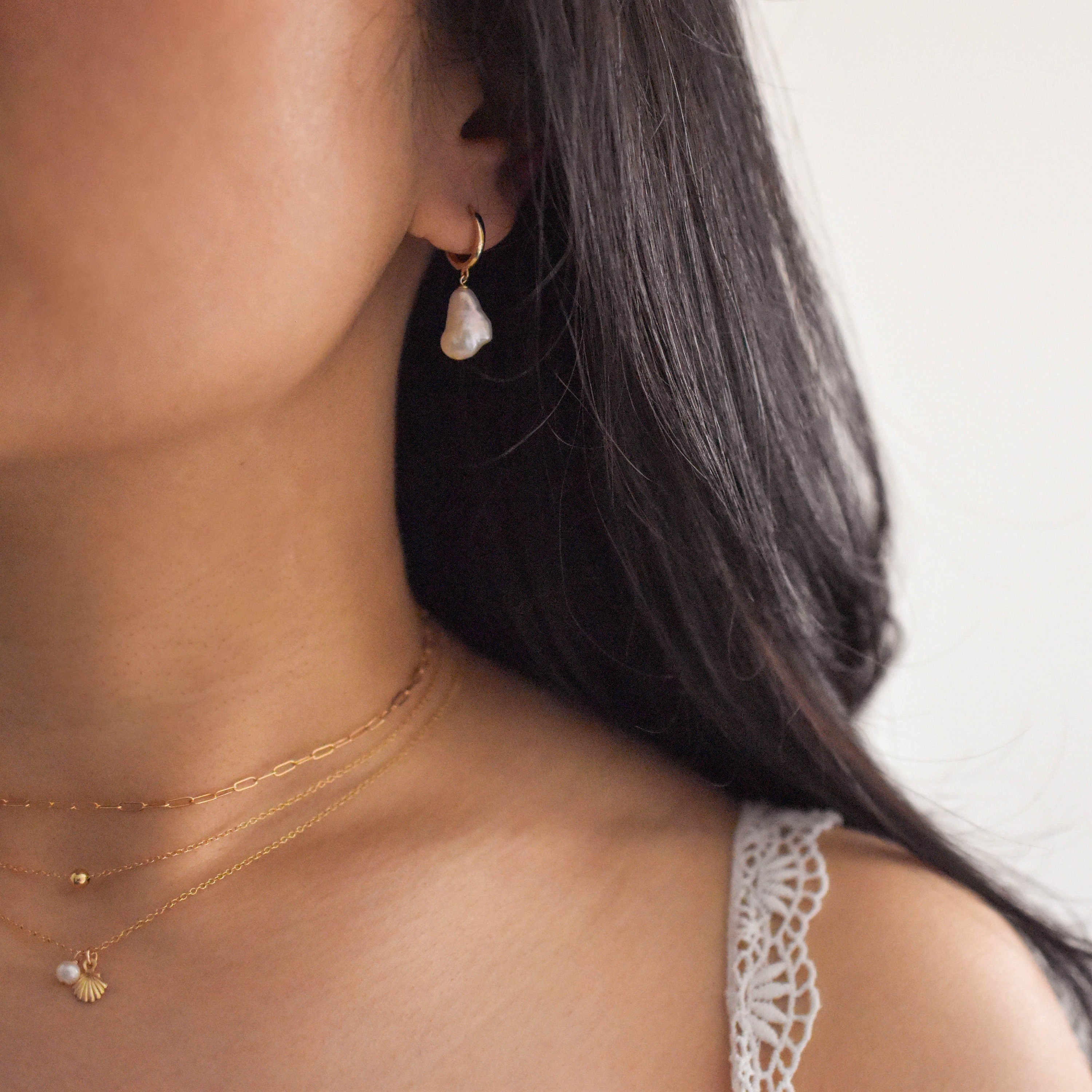 14k solid gold pearl hoop earrings - Real Gold Pearl Earrings, Real Gold Pearl Dangle Earrings, Solid Gold Pearl Earrings