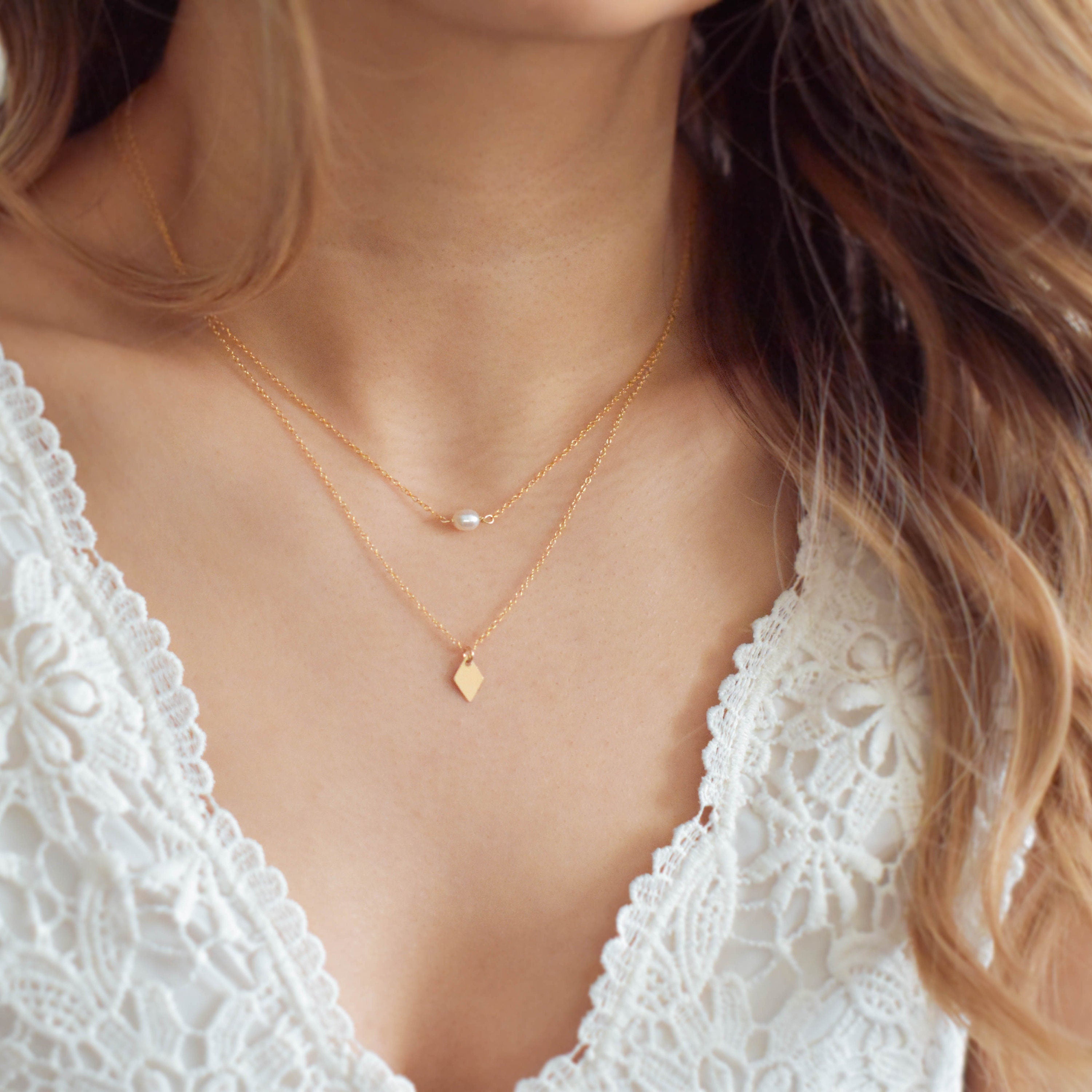 Dainty Pearl and Diamond Shape Necklace Set – Vedern